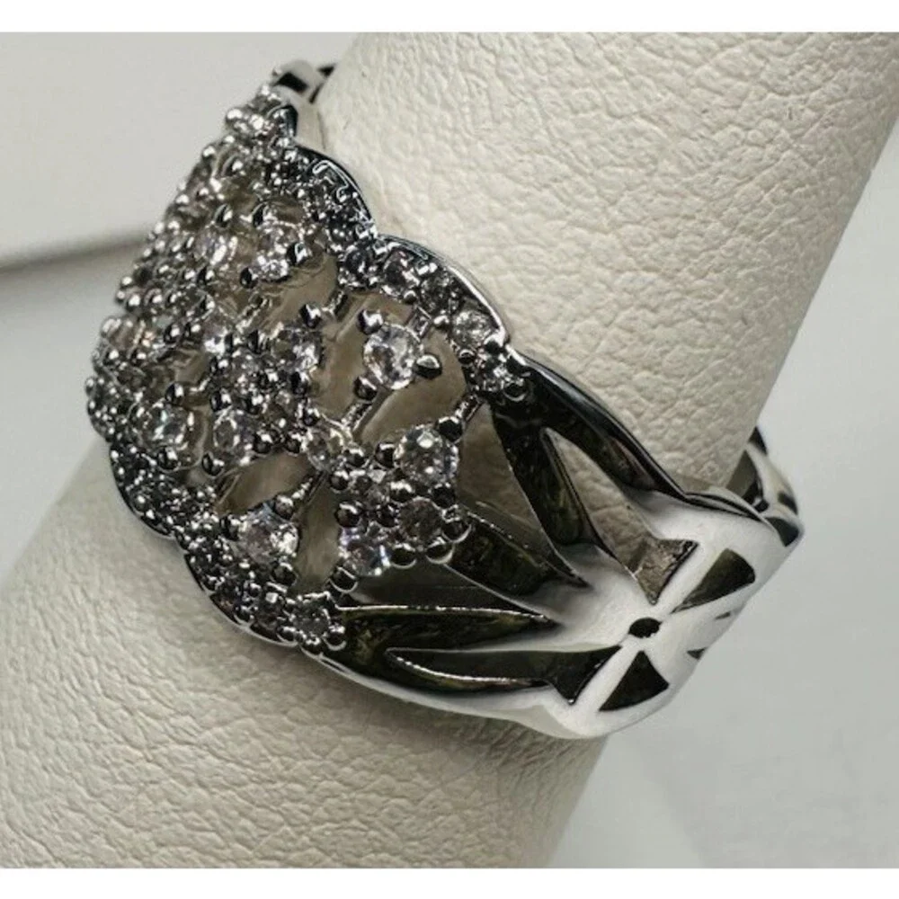 Bomb Party Size 7 Clear CZ Wide Lace Statement Ring Rhodium Plated BP